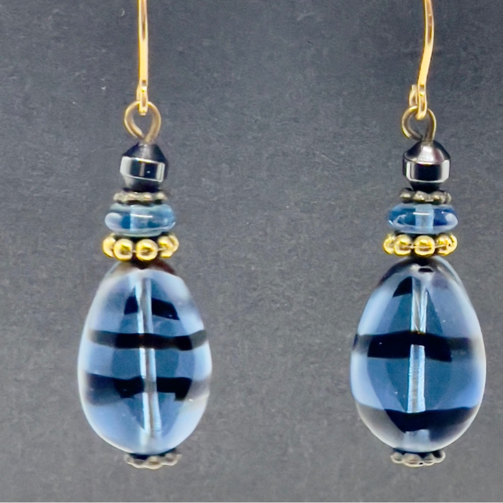 Blue Lucite Drop Earrings • Vintage Beaded Gold Tone Dangles
Price: $24